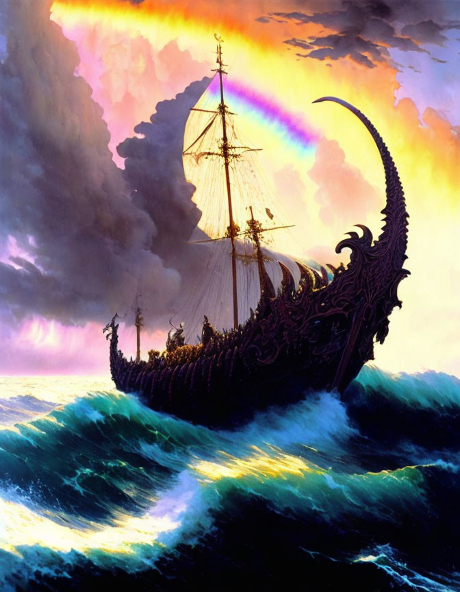 Elaborately designed black ship sailing on turbulent seas under a rainbow-filled sky