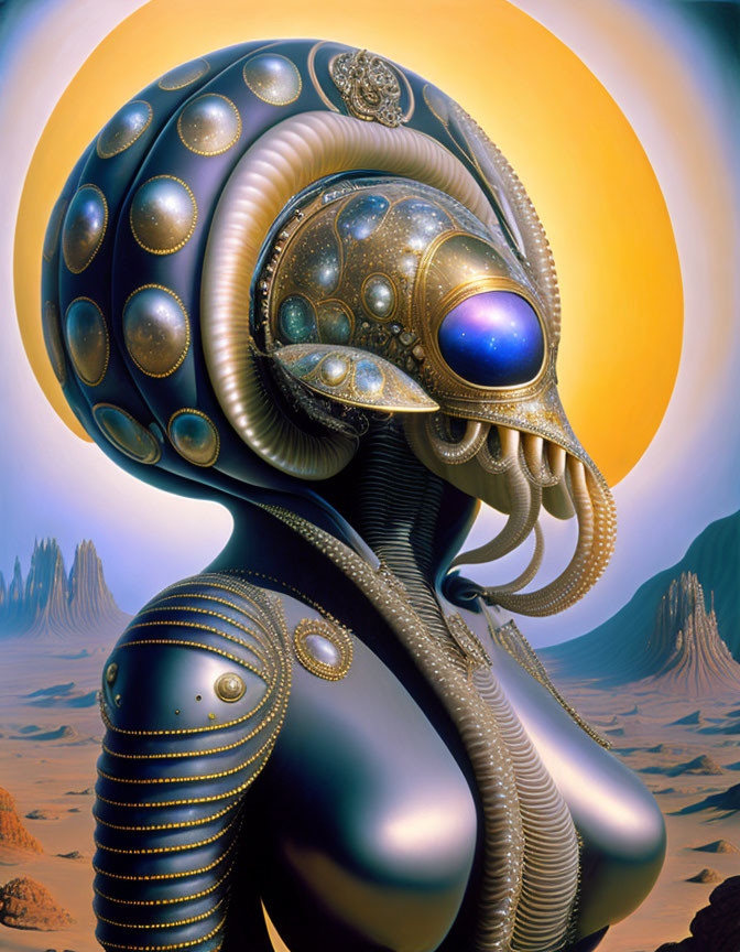 Digital artwork: humanoid figure with ornate helmet and armor in desert with large sun