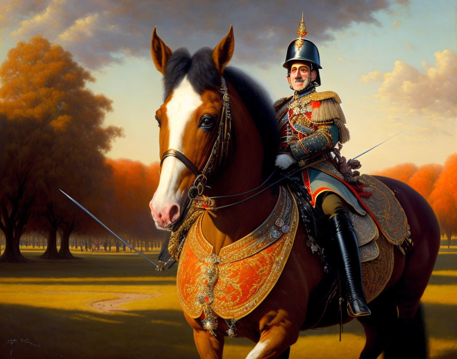 Smiling man in modern attire merged with knight on horseback in autumn landscape