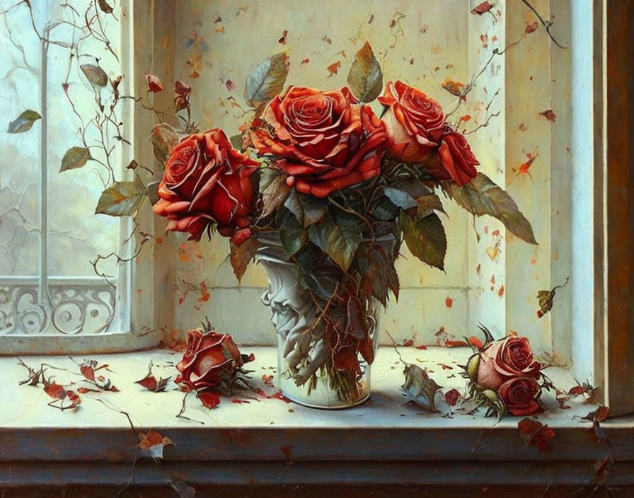 Realistic painting of vibrant red roses in white vase on window sill