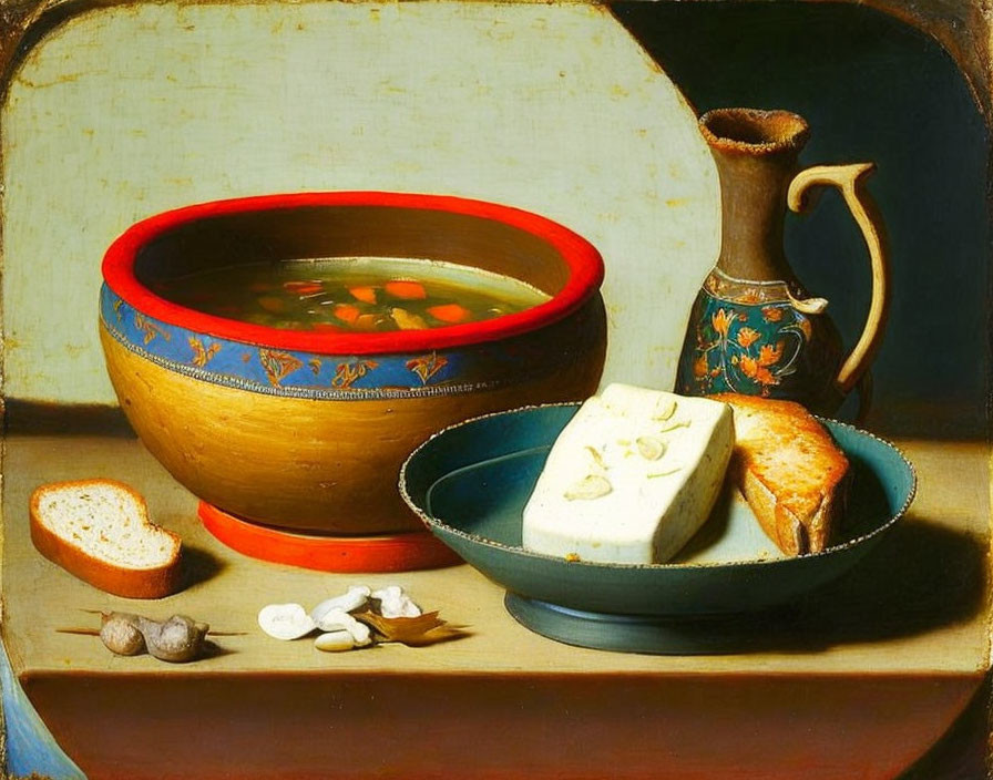 Classic Still Life Painting with Soup, Bread, Garlic, Nuts, and Cheese