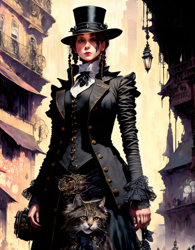 Victorian woman in top hat with monocled cat in fantastical cityscape