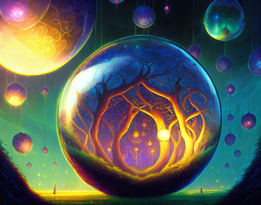 Fantasy landscape with glowing orb, tree silhouettes, and luminous spheres