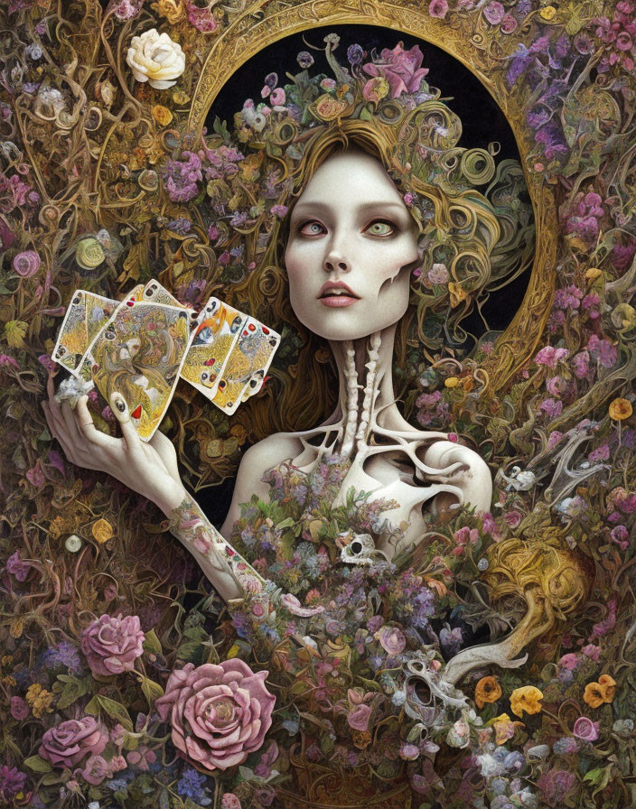 Skeletal figure with floral body and tarot cards in dense foliage