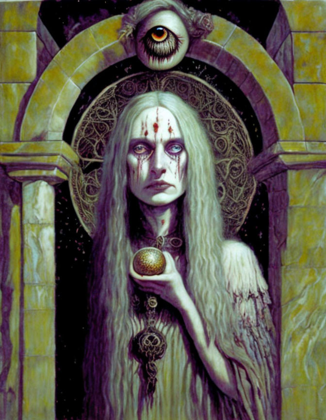 Pale figure with white hair holding a golden orb under large eye symbol in ornate archway