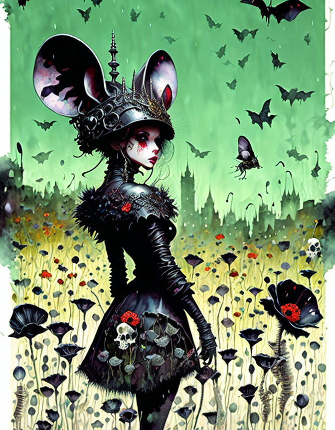 Gothic Female Character with Mouse Ears Among Poppies and Butterflies