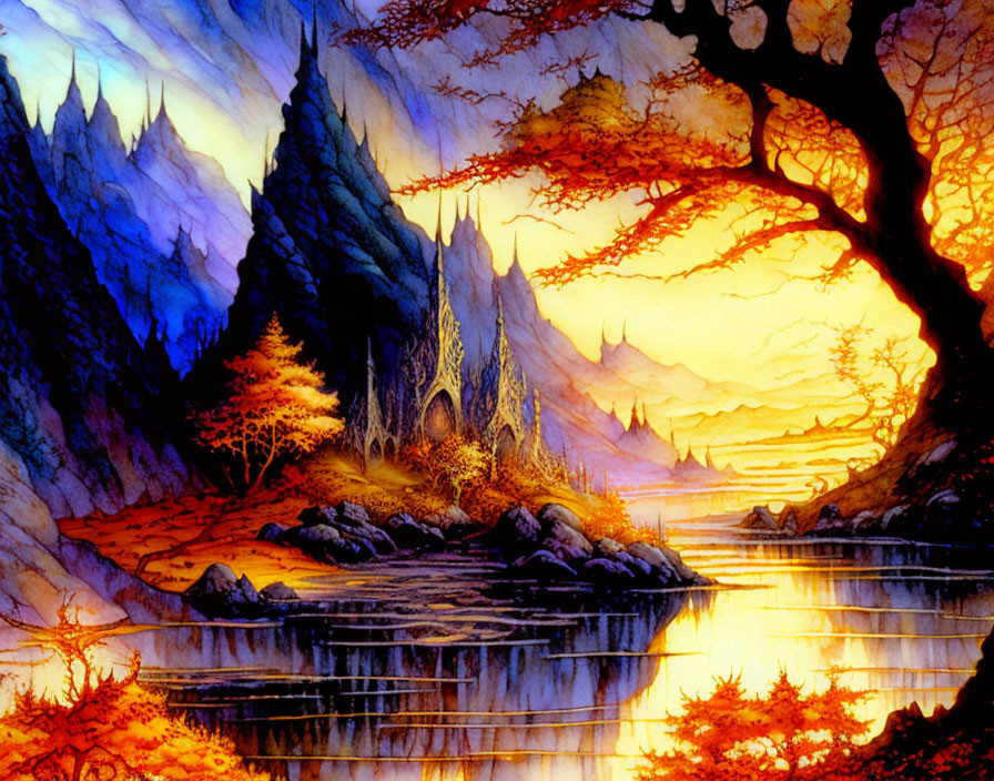 Vibrant fantasy landscape with fiery autumn trees, river, mountains, and castle at sunset