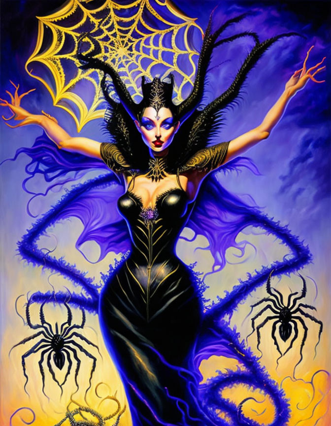 Woman in Spider-Themed Attire with Cobweb Designs on Vibrant Background