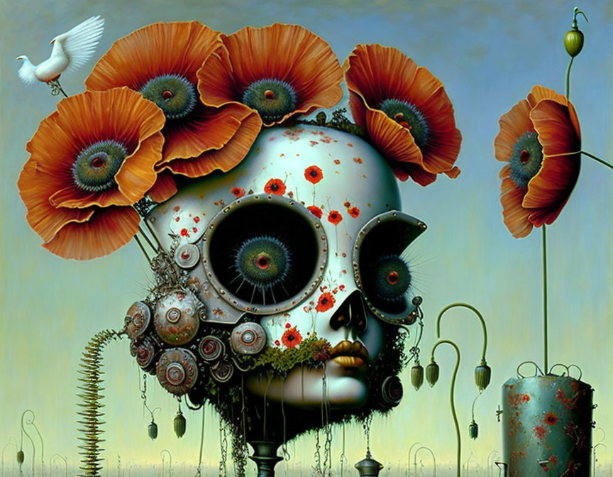 Surreal artwork: skull, poppies, mechanical details, bird, candle, blue sky