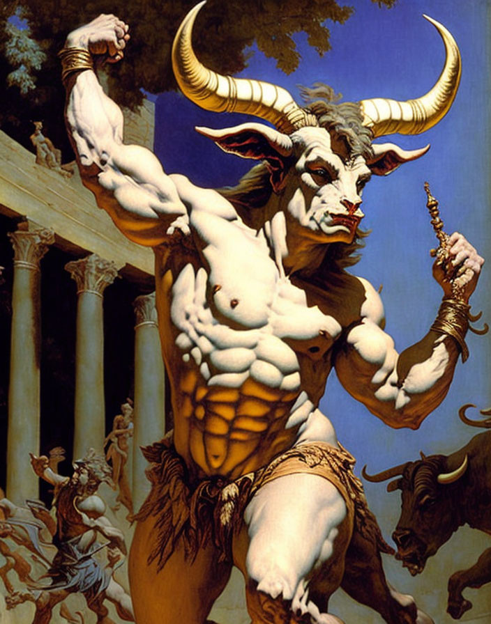 Majestic Minotaur with Horns and Club in Ancient Ruins