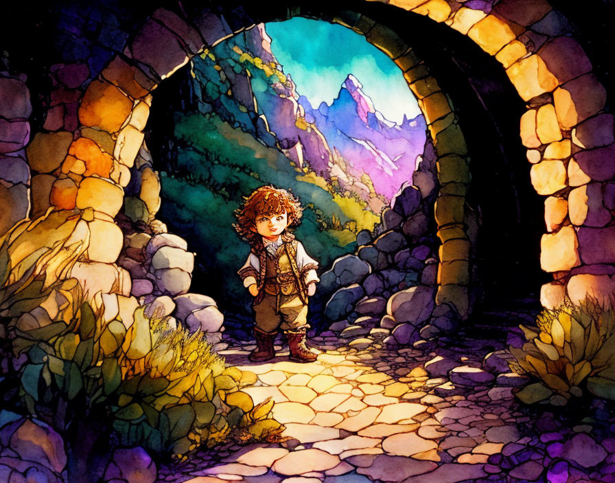 Illustration of hobbit-like character at stone tunnel entrance with mountainous landscape.