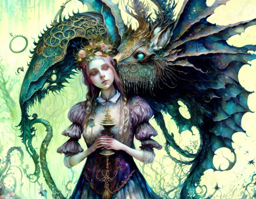 Fantastical image: Woman with dragon in intricate, green-toned woodland.