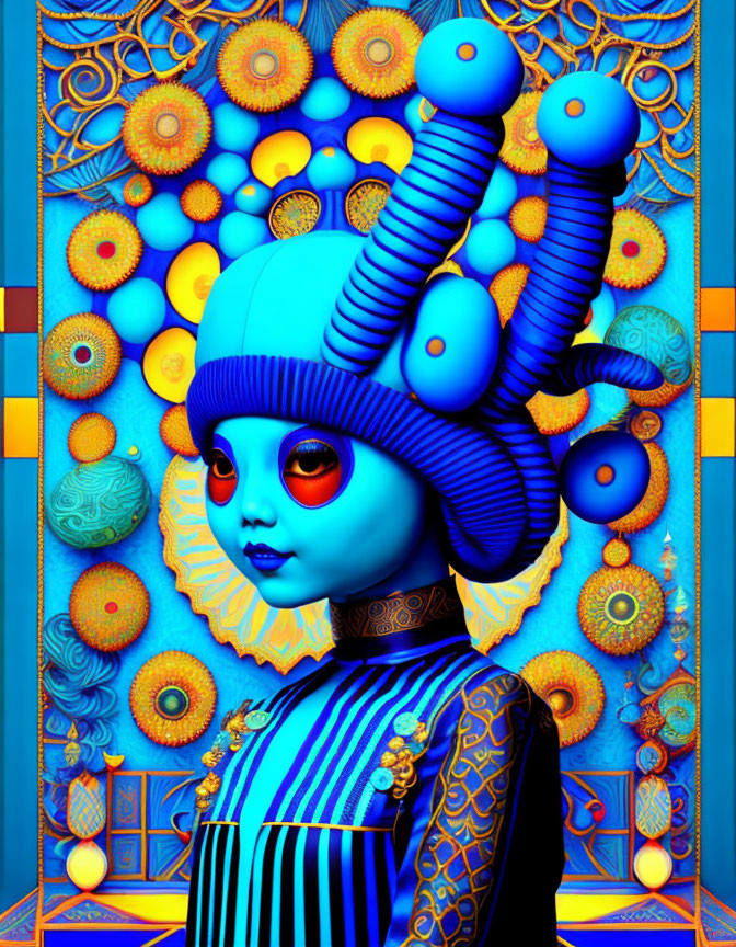 Vibrant digital artwork: Blue-skinned character with patterned helmet and ornate background