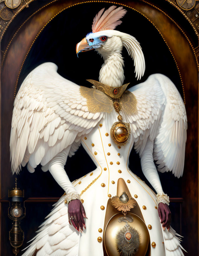 Regal anthropomorphic bird in white dress with gold details