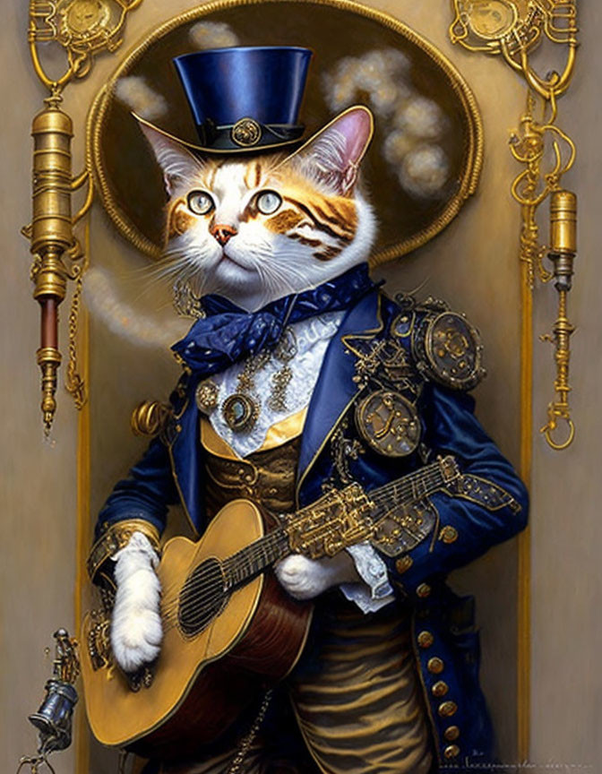 Steampunk-style cat playing guitar in ornate outfit