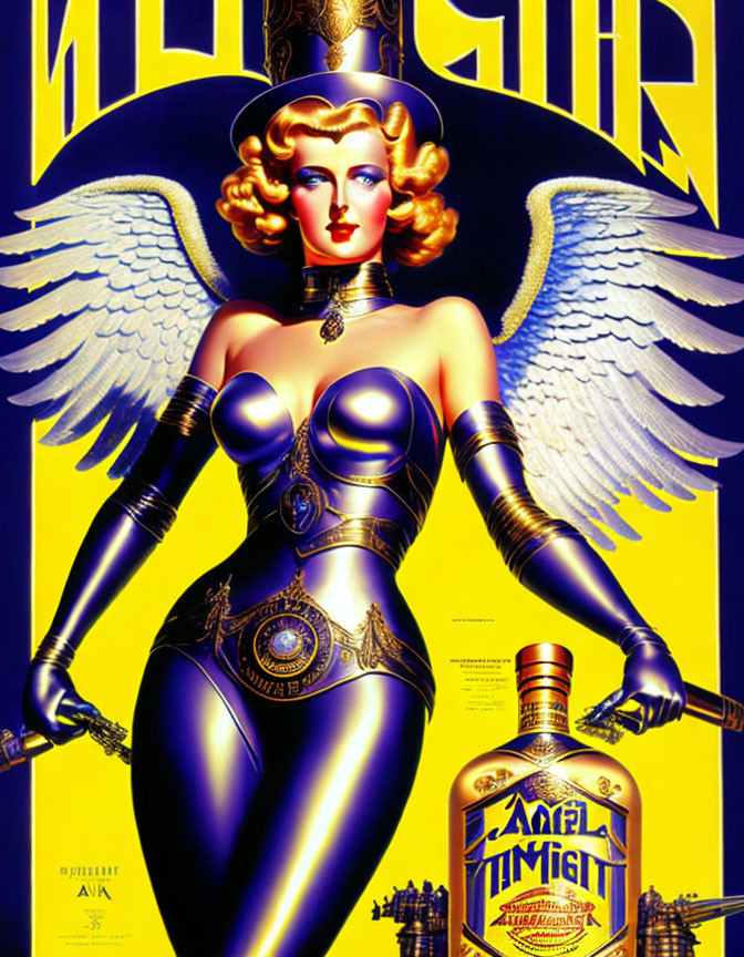 Art Deco style poster with metallic female figure in blue bodysuit and winged helmet.