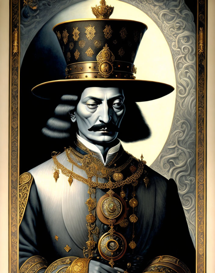 Stylized portrait of a man in opulent military attire with surreal facial depiction