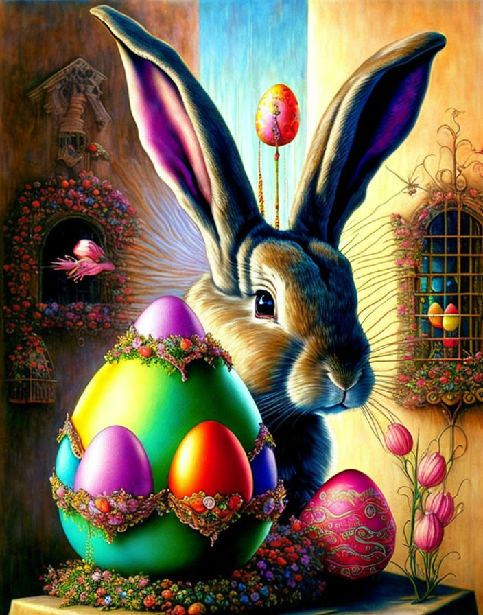 Whimsical large rabbit with ornate Easter egg in fantastical scene