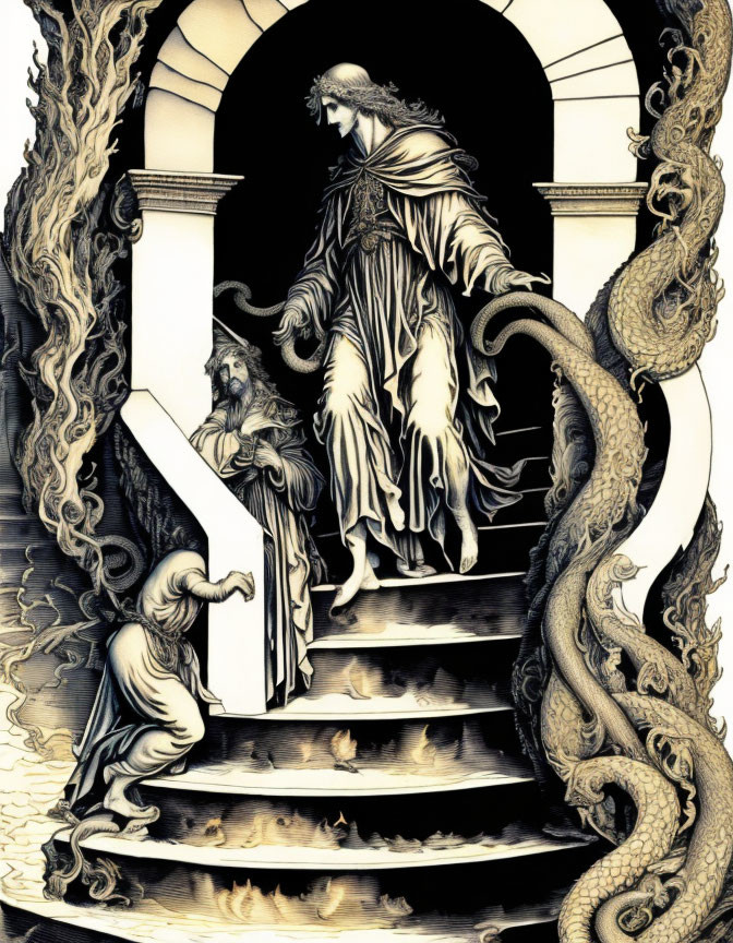 Detailed black and white spiral staircase illustration with figures and serpentine creatures