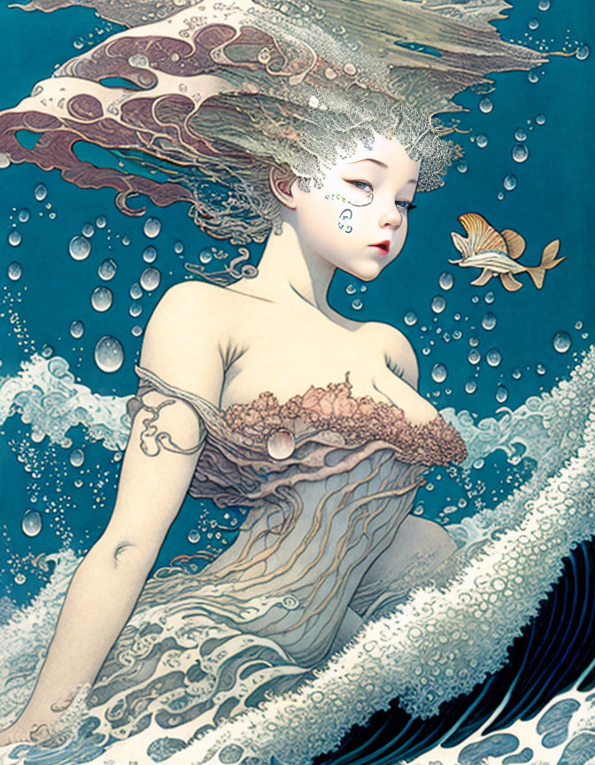 Mermaid with flowing hair in serene underwater scene