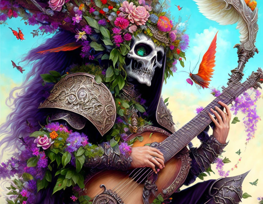 Colorful skeletal figure with flowers and armor playing an instrument under blue sky