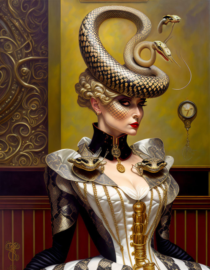 Victorian woman portrait with snake, ornate details, and pocket watch