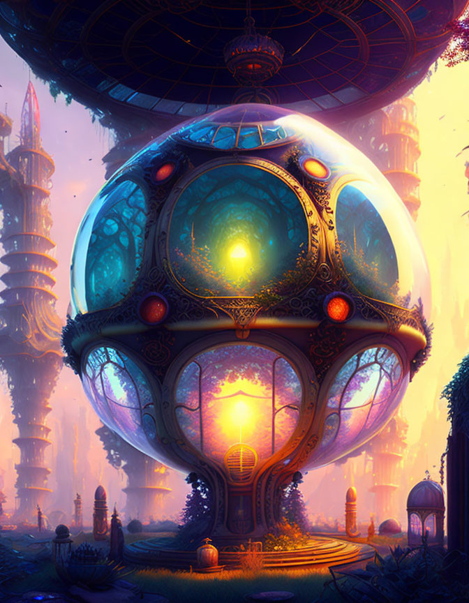 Fantasy cityscape with towering spires and glowing spherical structure at dusk