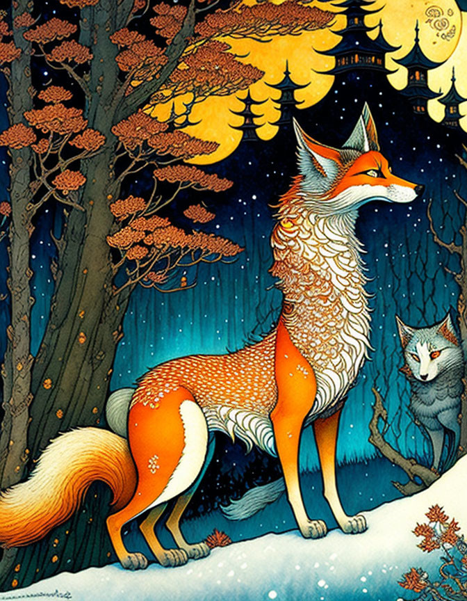 Illustration of two foxes in snowy landscape with starry sky