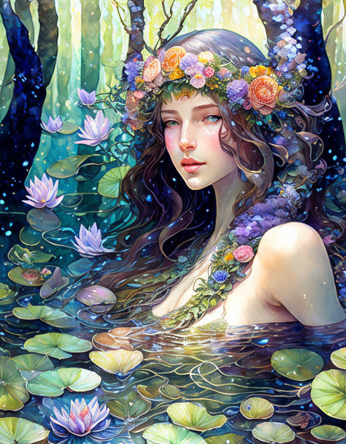 Woman with floral crown submerged in tranquil pond surrounded by greenery and water lilies