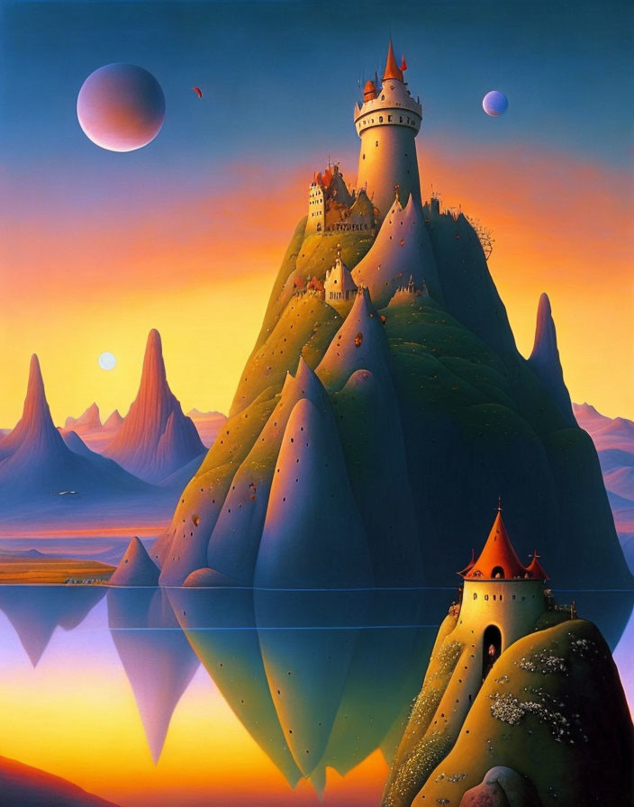 Majestic castle in vibrant fantasy landscape under multiple moons