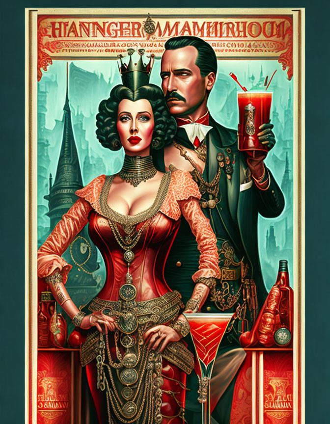 Regal steampunk-inspired couple in ornate vintage poster