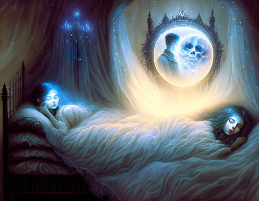 Fantastical painting of figures in beds under luminous moon