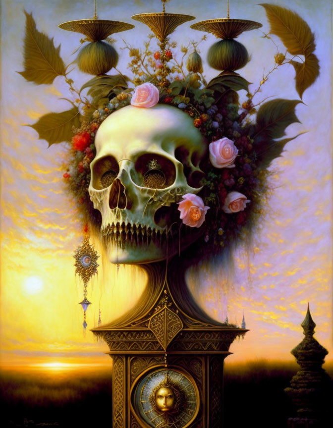 Skull with flowers and fruits on pedestal under twilight sky