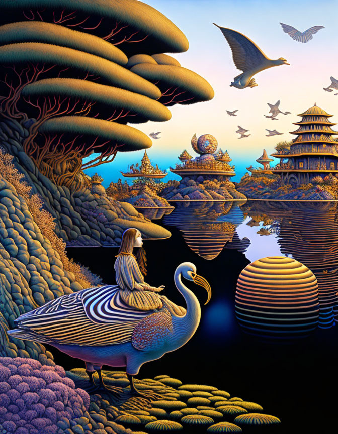 Surreal landscape with oversized flora, girl on giant bird, pagodas, flying birds,