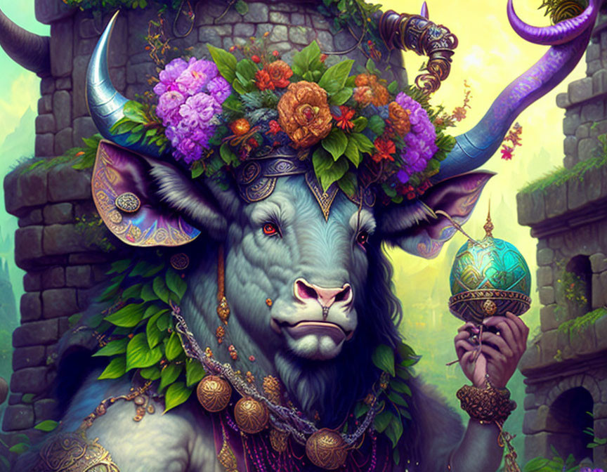 Ornate bull with flower-adorned horns and decorative egg on stone backdrop