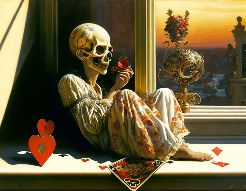 Skeletal figure with golden cranium holding rose by window at sunset