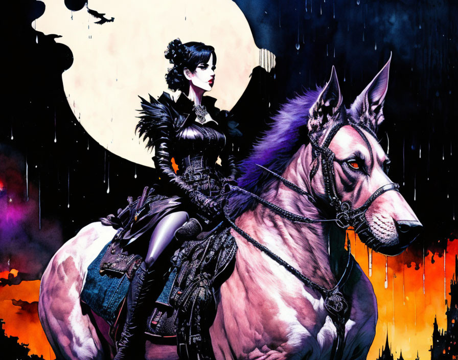 Gothic woman on large wolf under full moon in dark cityscape