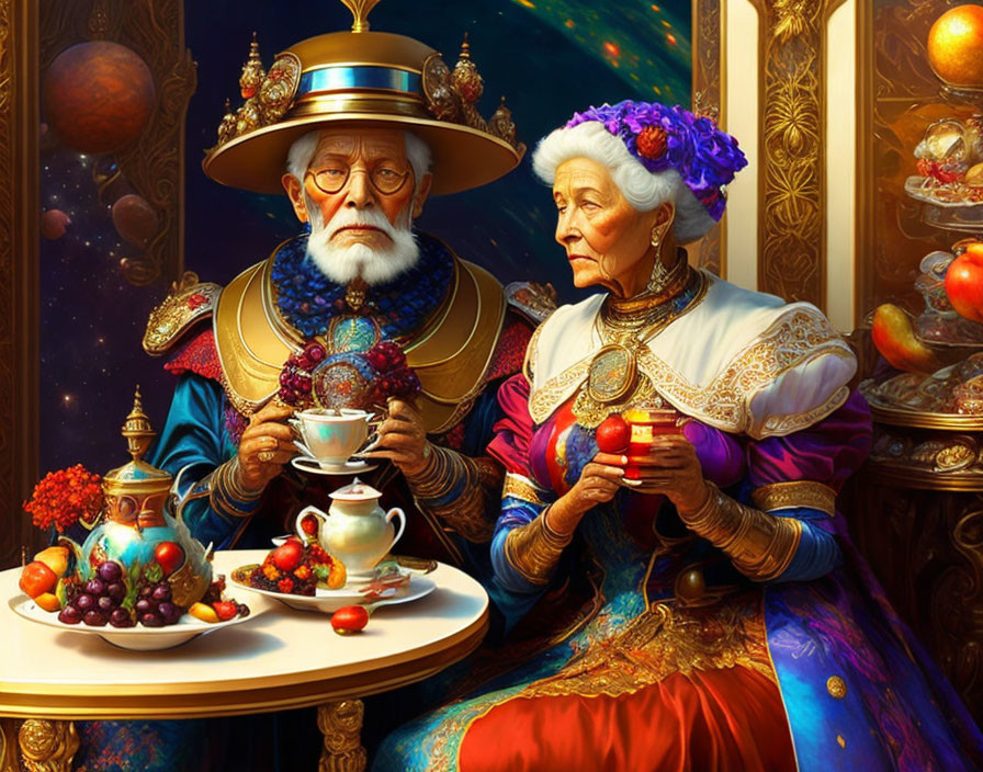 Elderly royal couple in opulent attire enjoying lavish tea time