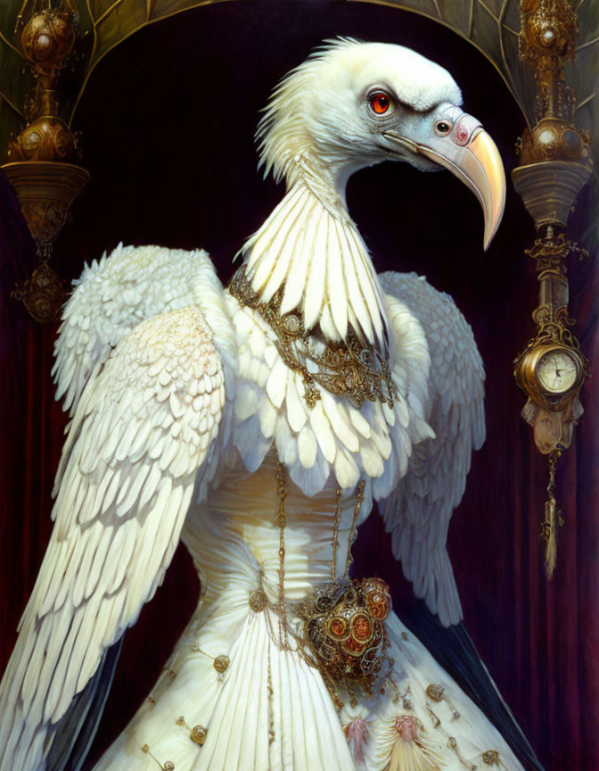 Anthropomorphic bird in elegant attire with ornate jewelry and clock pendant on dark backdrop