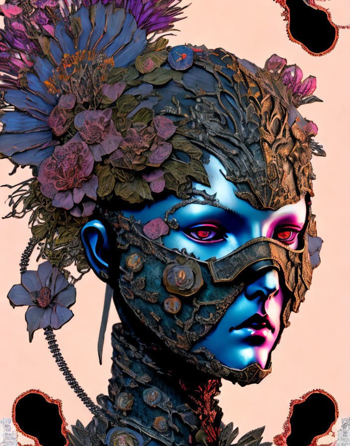 Vibrant blue skin humanoid with floral mechanical headdress