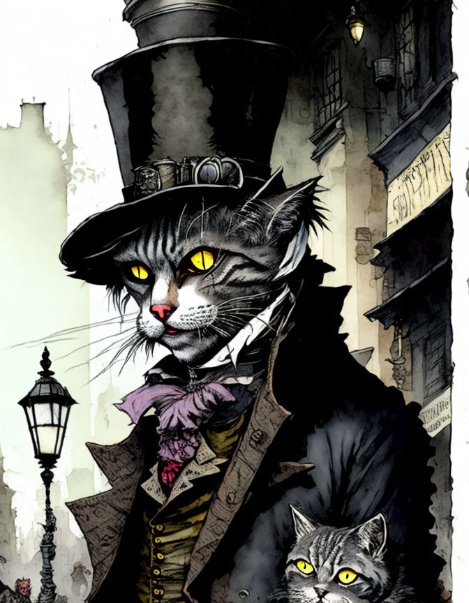 Anthropomorphic Cat in Top Hat and Victorian Attire with Smaller Feline in Vintage Setting