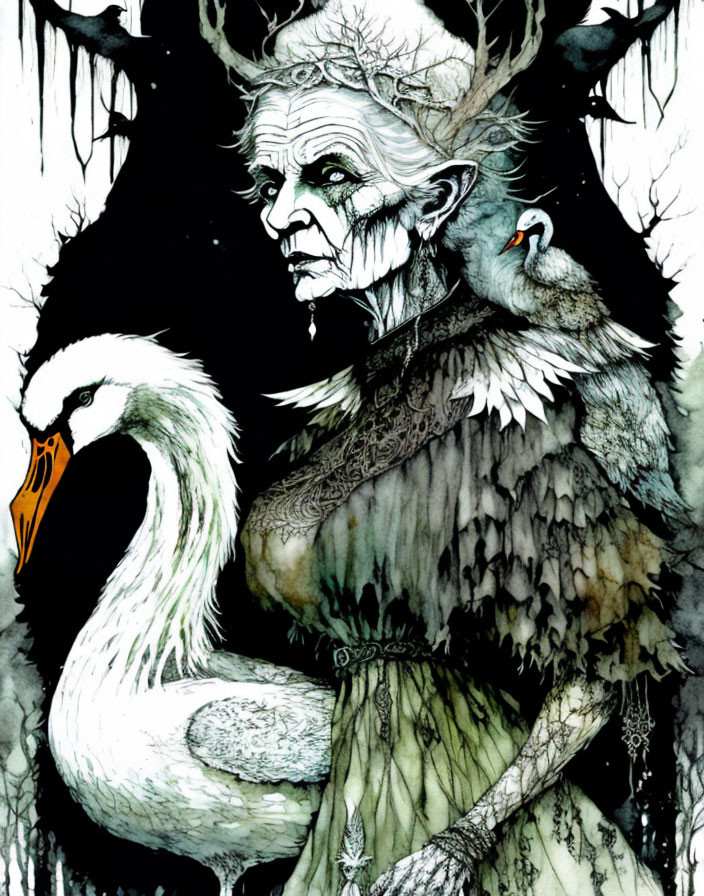 Elderly mystical figure with feathers, white hair, and bird companion