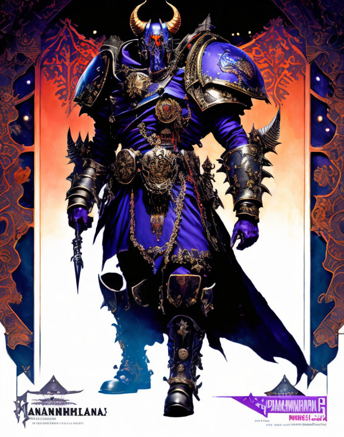 Dark Armored Warrior Illustration with Horns and Fiery Ornate Backdrop