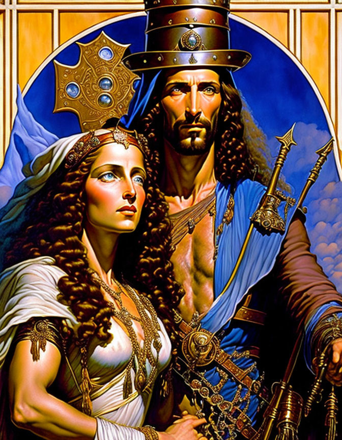 Fantasy armor-clad man and woman with swords in stained glass setting