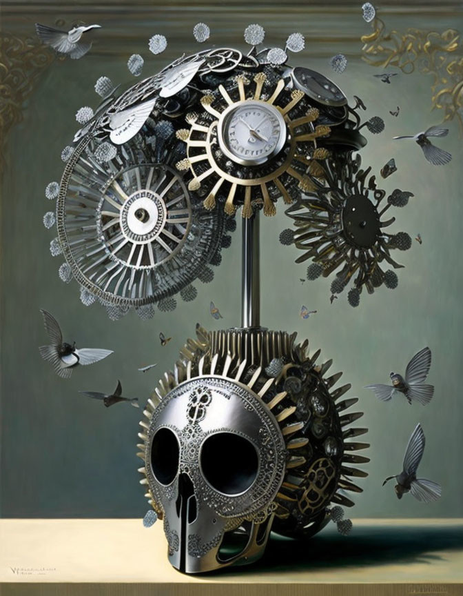 Surreal artwork: Skull with gears, birds, green background