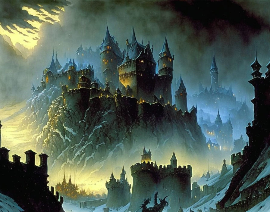 Dark castle with spires on misty mountain under moonlit sky