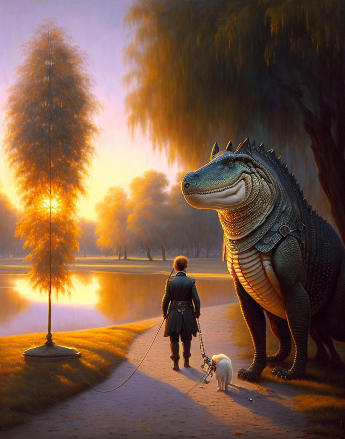 Person walking small dog beside fantastical reptilian creature in park at sunset