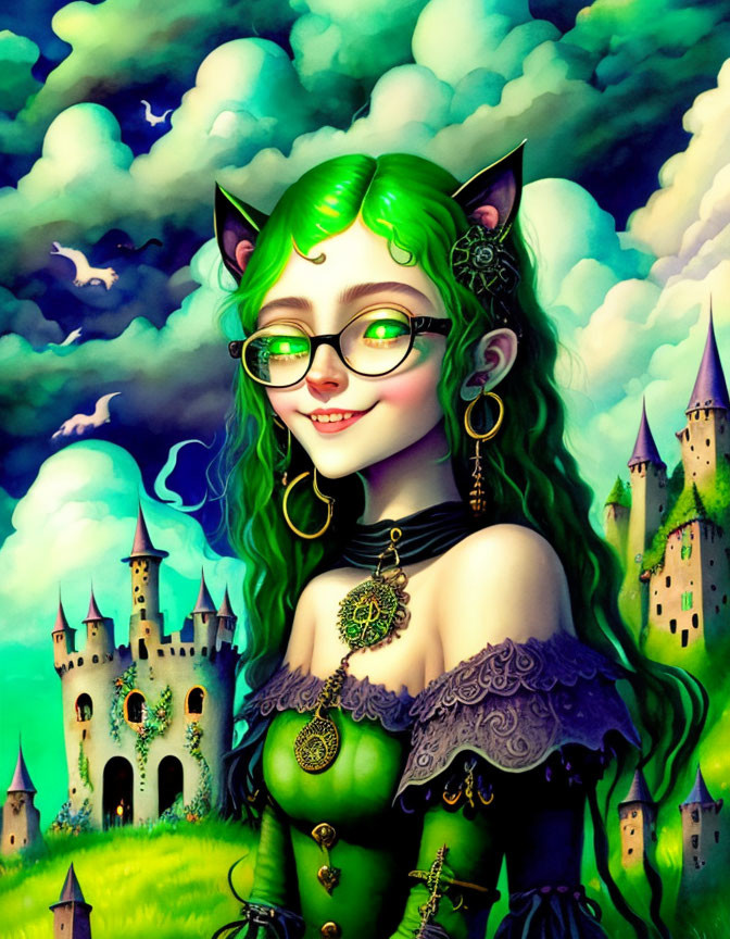 Green-haired fantasy character with cat ears and glasses in front of a whimsical castle