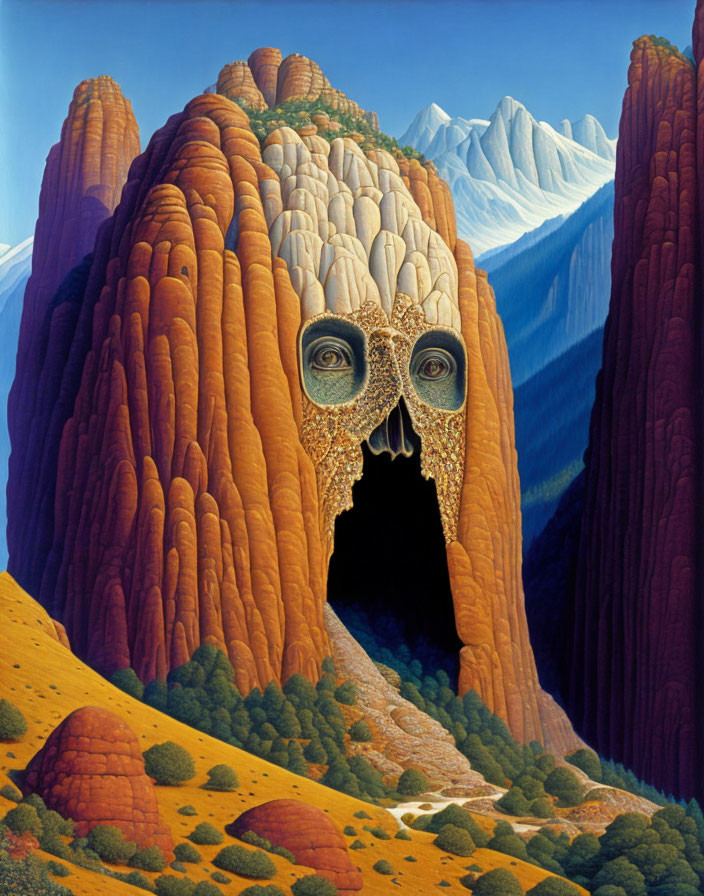 Mountainous landscape with eerie skull-shaped cave entrance in red-orange cliff.