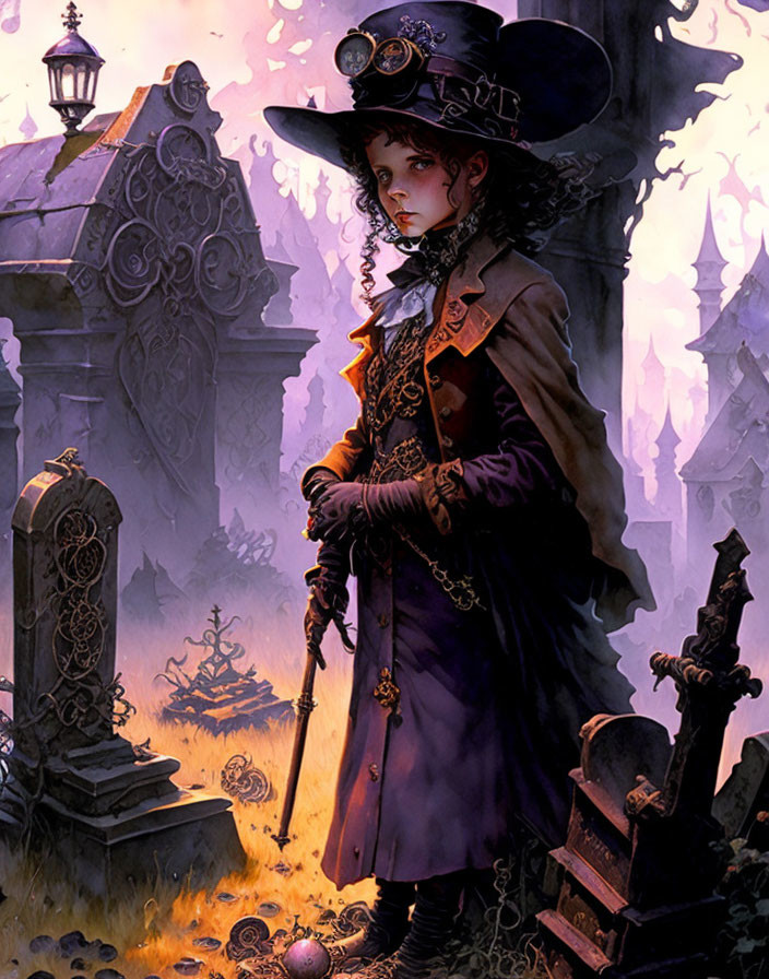 Steampunk girl in misty graveyard with cane and ornate tombstones